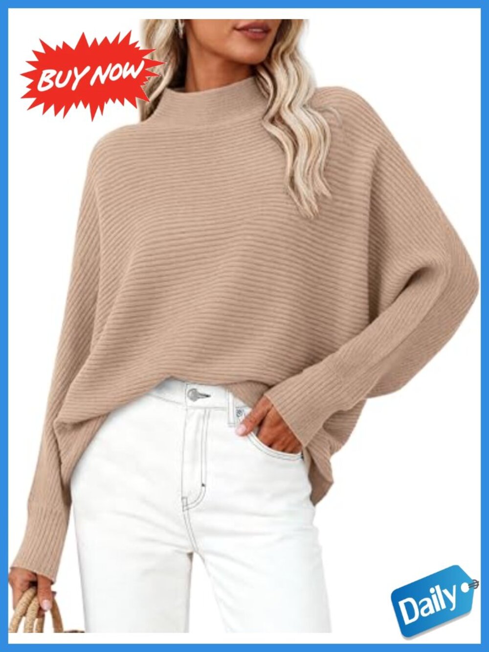 Womens Oversized Ribbed Knit Sweater Mock Neck Batwing Sleeve Pullover Fall
